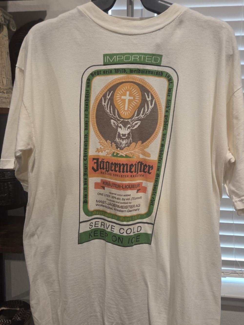 Vintage Jagermeister White Tee with Green and Orange Label Graphic